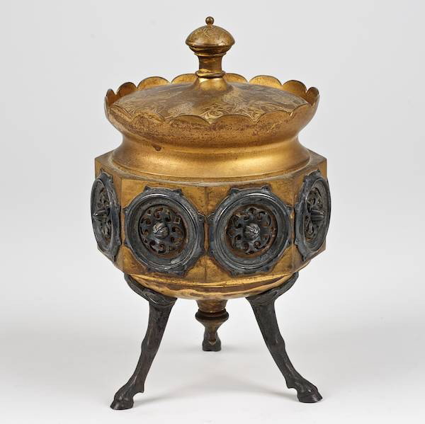 French Restauration gilt and silvered bronze jar: French Restauration gilt and silvered bronze jar, 19th c., with cloven hoof feet, 9"h x 6"dia.