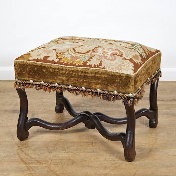 Louis XIV walnut stool with needlepoint seat: Louis XIV walnut stool with needlepoint seat, 17th/18th c., 16"h x 22.5"l x 17.5"w