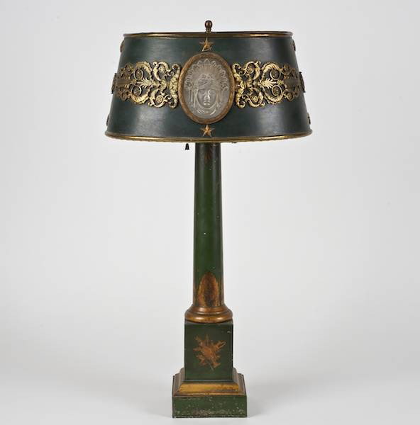French Restauration bronze mounted tole lamp: French Restauration bronze mounted tole lamp, 19th c. and later, the shade with glass cameo, 27"h x 14.5"w x 10.25"d