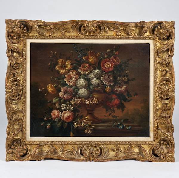Continental School (18th c.), oil painting: Continental School (18th c.), oil painting, Flowering urn, oil on canvas, apparently unsigned, bears label on verso "Bartolozzi Maioli...", 16" x 20" (sight), giltwood frame