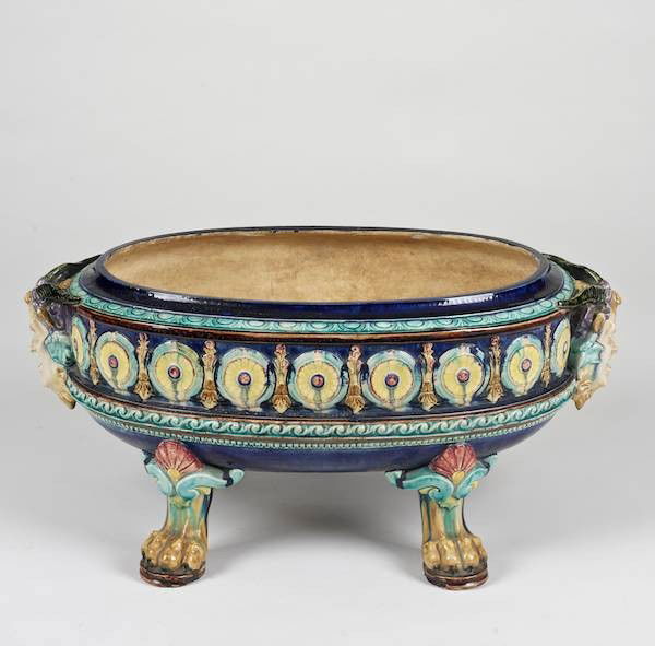 Antique majolica satyr mask jardiniere attr. to L: Antique majolica satyr mask jardiniere attr. to Lonitz, Late 19th c., 9.5"h x 20"l x 11"w