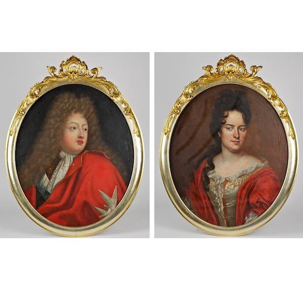 Continental School (18th/19th c.), pair portraits: Continental School (18th/19th c.), pair portraits, Nobleman and lady, (2) oils on canvas, unsigned, 26" x 22" (sight), oval gilt frames
