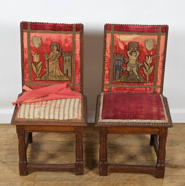 Pair Continental Baroque oak child's chairs: Pair Continental Baroque oak child's chairs, 18th c., with antique textile seating, 26.5"h x 13.75"w x 12.5"d