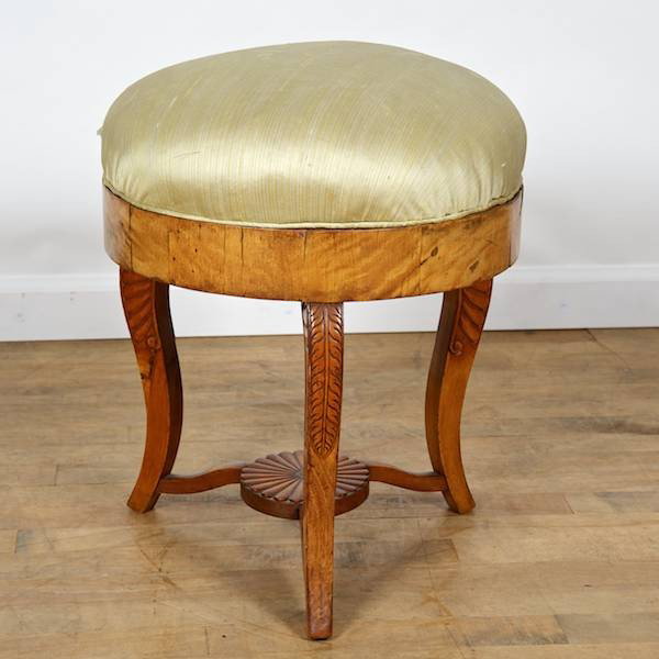 Biedermeier carved and veneered fruitwood round s: Biedermeier carved and veneered fruitwood round stool, 19th c., 19"h x 16"dia.