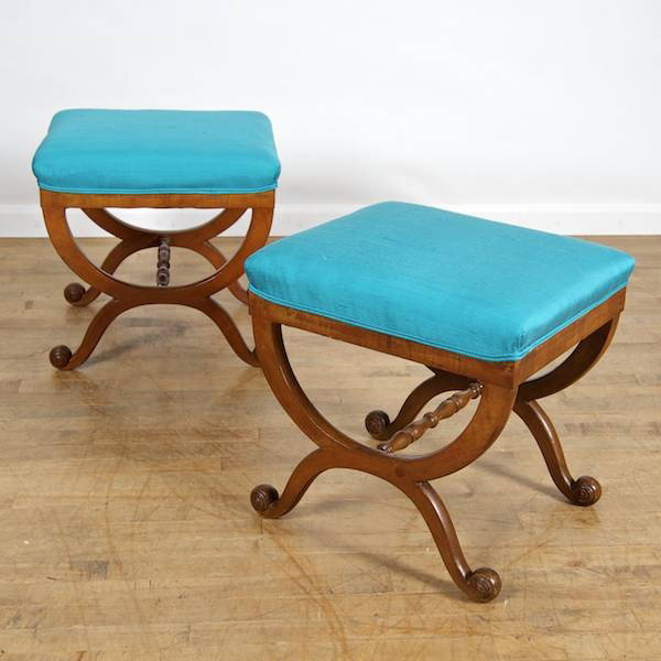 Pair Biedermeier fruitwood curule base stools: Pair Biedermeier fruitwood curule base stools, 19th c., 18.5"h x 20.5 "w x 17.5"d