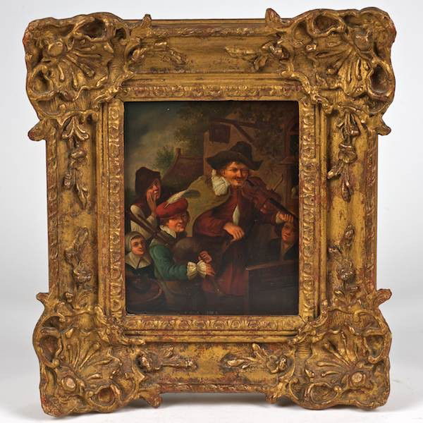Dutch School (19th century), painting: Dutch School (19th century), painting, Street musicians, oil on copper, apparently unsigned, 7.5" x 6" (sight), giltwood frame