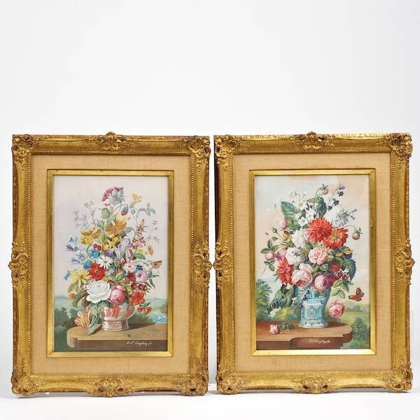 I.F. Jungling (19th c., Austrian), pair paintings: I.F. Jungling (19th c., Austrian), pair paintings, Floral still lifes, (2) gouaches on paper, signed "I.F. Jungling", lower left/center, 10.5" x 7" (sight), giltwood frames Provenance: Property of a G