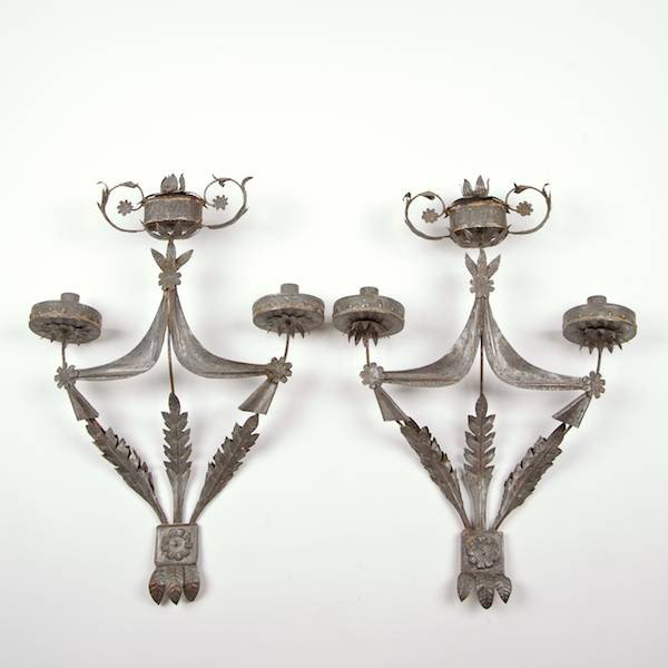 Pair Continental Neo-classical tole candle sconce: Pair Continental Neo-classical tole candle sconces, 20th c., 23"h x 16.5"w Provenance: The Estate of Amy Perlin, NY