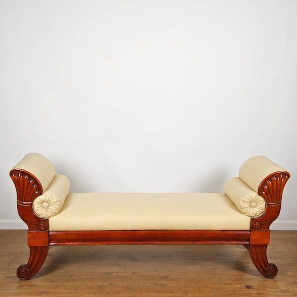 Biedermeier carved fruitwood bench: Biedermeier carved fruitwood bench, 19th c., 31"h x 74"l x 23.5"d