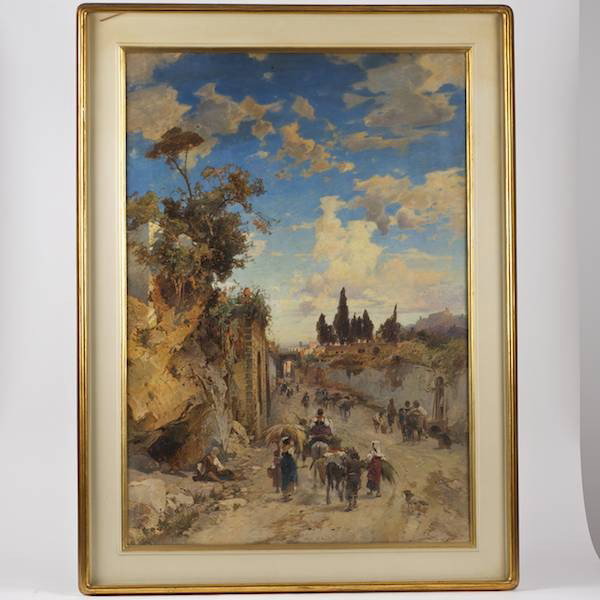 Franz Theodor Aerni (1853-1918, German), painting: Franz Theodor Aerni (1853-1918, German), painting, Peasants on the way to town, oil on canvas, signed "Aerni - Roma", lower left, 39" x 27" (sight), framed under glass
