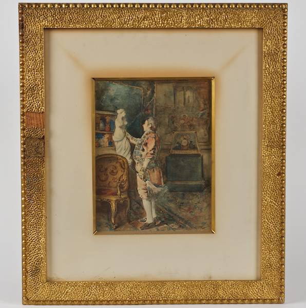 M. Aguirre (19th c., Spanish), painting: M. Aguirre (19th c., Spanish), painting, 18th c., gent contemplating Venus, watercolor on paper, signed "M. Aguirre", 12" x 9.25" (sight), matted and framed