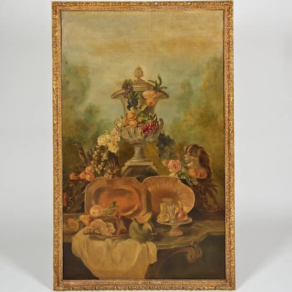 Continental School (19th/20th century), painting: Continental School (19th/20th century), painting, Still life with garden urn, oil on canvas, unsigned, 60" x 35.5" (sight), giltwood frame