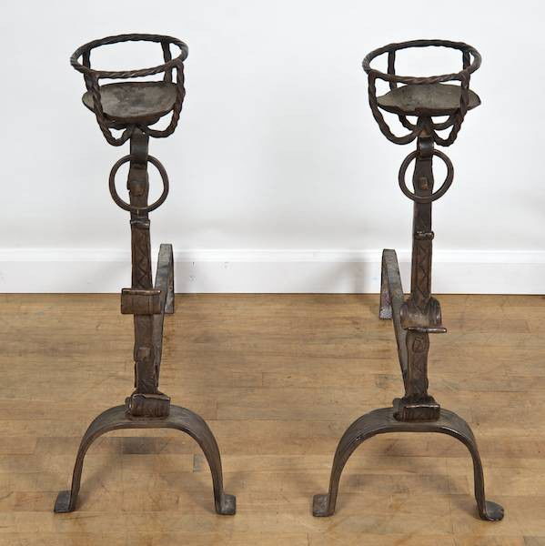 Pair Gothic style wrought iron basket top andiron: Pair Gothic style wrought iron basket top andirons, Prob. 18th c. or earlier, 28.5"h x 11.25"w x 30"d