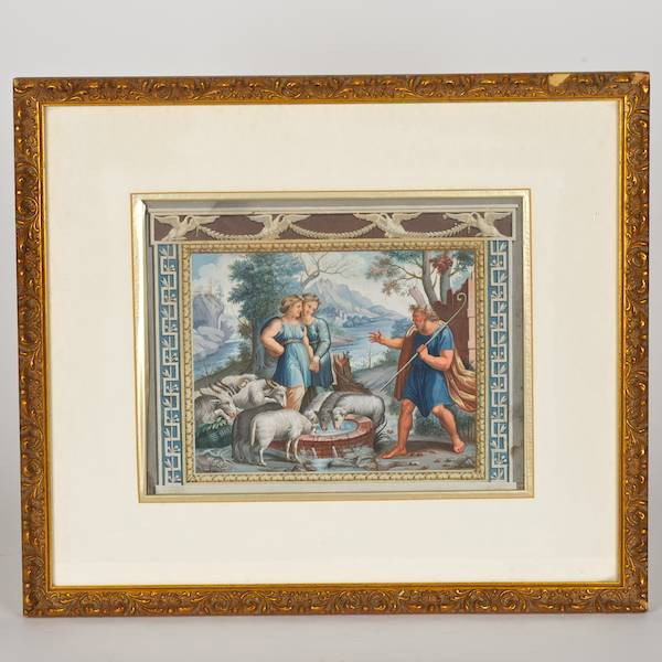 Continental School (19th century), painting: Continental School (19th century), painting, Neo-classical shepherd scene, gouache on paper, unsigned, 8.5" x 11" (sight), matted and framed