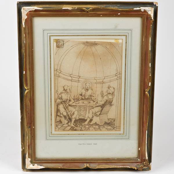 Dutch School (17th century), drawing: Dutch School (17th century), drawing, Last Supper, ink on paper, unsigned, poss. collector's stamp upper left, inscribed on mat "Martin Koeck 1640", 10.25" x 7.25" (sight), matted and framed