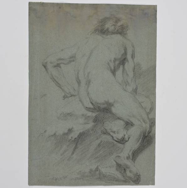 Circle of Francois Boucher (1703-1770, French), d: Circle of Francois Boucher (1703-1770, French), drawing, Figure study: male nude, chalk on blue paper, unsigned, 16.25" x 11.5" (sheet), unframed