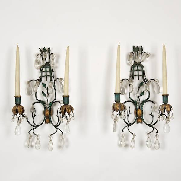 Pair Italian Neo-classical blue tole candle sconc: Pair Italian Neo-classical blue tole candle sconces, 19th c., with prism drops, 18"h x 10"w
