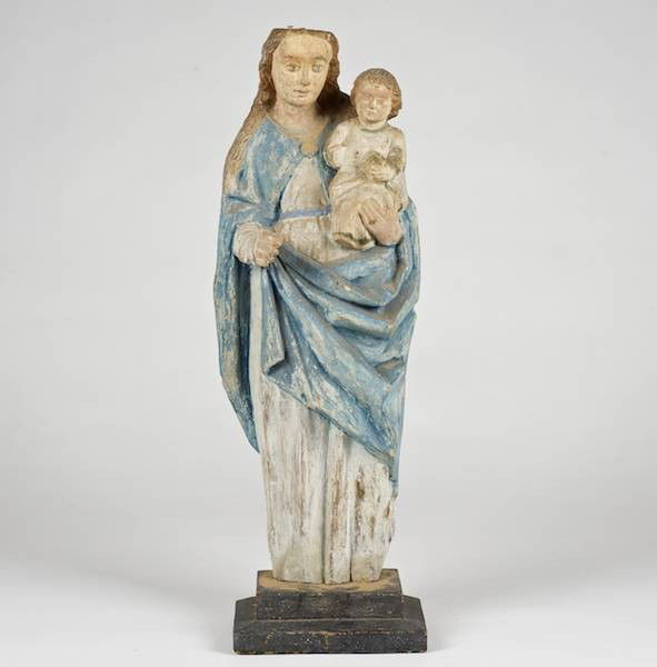 Continental polychromed figure of Madonna and Chi: Continental polychromed figure of Madonna and Child, 19th c., 28"h x 9.5"w x 6"d Provenance: The Estate of Amy Perlin, NY