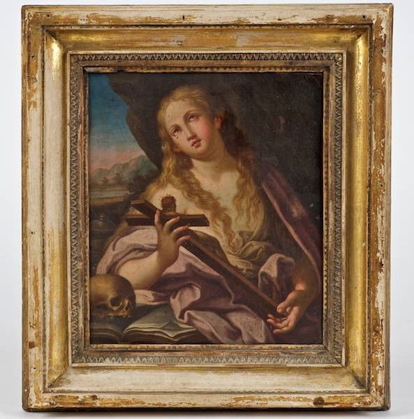 Attr. to Sebastiano Conca (1680-1764, Italian), p: Attr. to Sebastiano Conca (1680-1764, Italian), painting, Penitent Magdalene, oil on copper, unsigned, 8.5" x 7.25" (sight), giltwood frame
