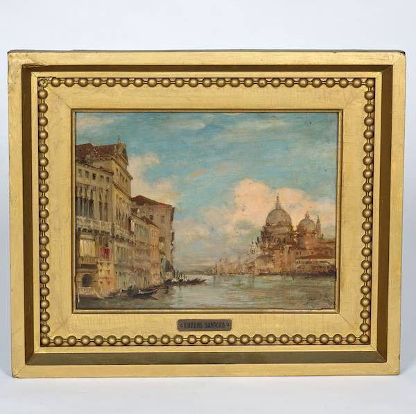 Attrib. to Rubens Santoro (1859-1942, Italian), p: Attrib. to Rubens Santoro (1859-1942, Italian), painting, Grand Canal, Venice, oil on cradled panel, signed faintly, lower right, 7.75" x 10.25" (sight), giltwood frame