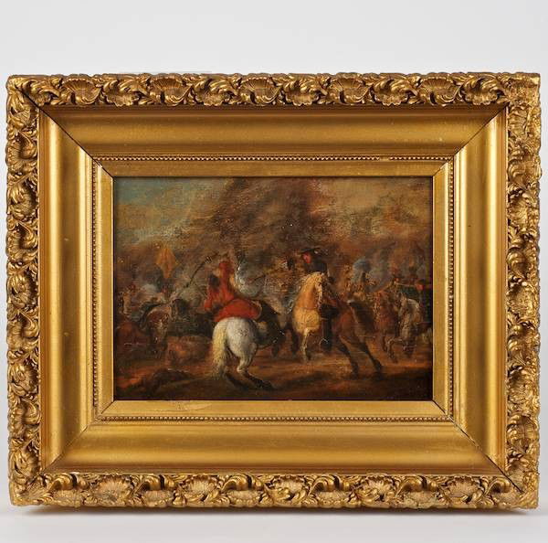 Dutch School (17th century), painting: Dutch School (17th century), painting, Battle scene, oil on oak panel, unsigned, 6.5" x 9.5" (sight), gilt frame