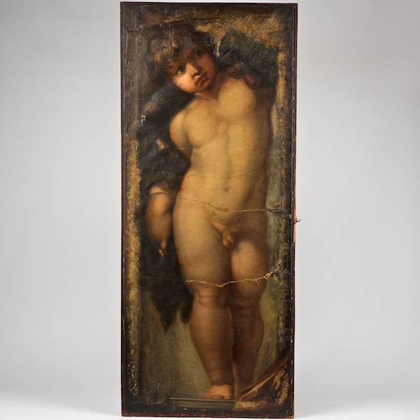 Continental School (18th century), painting: Continental School (18th century), painting, Standing putto, study of a fresco, oil on canvas, signed "Cre. Falla... (or Talla..)", on verso, 45" x 18.5" (stretcher), strip frame