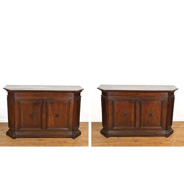 Nice pair Italian Baroque walnut credenze: Nice pair Italian Baroque walnut credenze, 18th/19th c. and adapted, one stamped twice "CL", 37"h x 59"l x 16.75"d