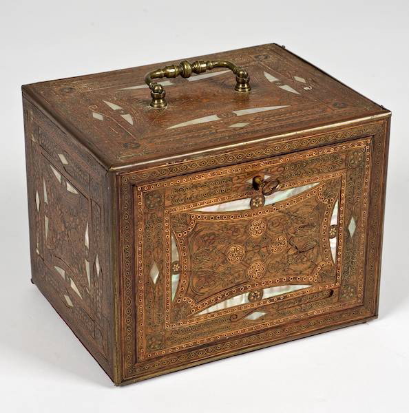 Nice antique Syrian brass inlaid box: Nice antique Syrian brass inlaid box, Late 19th c., enclosing tiny drawers, 5.5"h x 7"w x 5.25"d