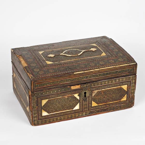 Antique Islamic brass and ivory/bone inlaid wood: Antique Islamic brass and ivory/bone inlaid wood box, 19th c. or earlier, 6"h x 11.75"l x 8.25"d