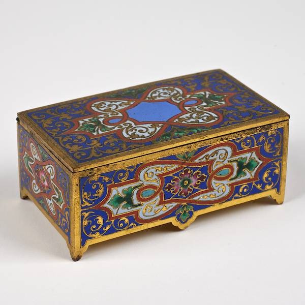 Antique French gilt bronze and shaded enamel box: Antique French gilt bronze and shaded enamel box, 19th c., unmarked, 1.5"h x 3.25"l x 1.75"d