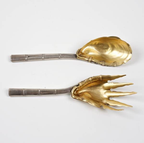 Pair Gorham Aesthetic sterling seafood servers: Pair Gorham Aesthetic sterling seafood servers, 19th/20th c., no. 330, fork and spoon with gold washed bowl/tines, 10"l (fork), approx. 7.28 ozt. (total)