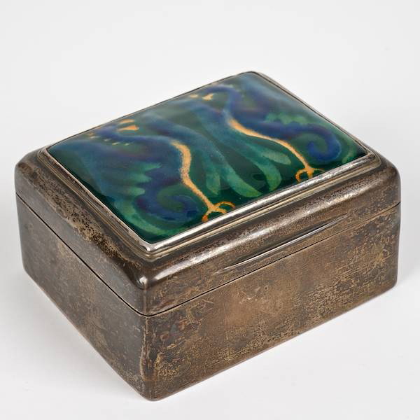 English enamel and sterling silver box by Asprey: English enamel and sterling silver box by Asprey, London, early 20th c., gryphon decoration, 2.5"h x 4.25"l x 3.5"d