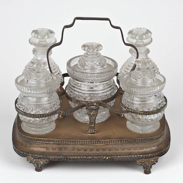 George III sterling silver cruet stand and bottle: George III sterling silver cruet stand and bottles, London, c. 1816, maker's mark "JB", 8.5"h x 9"l, approx. 23 ozt.