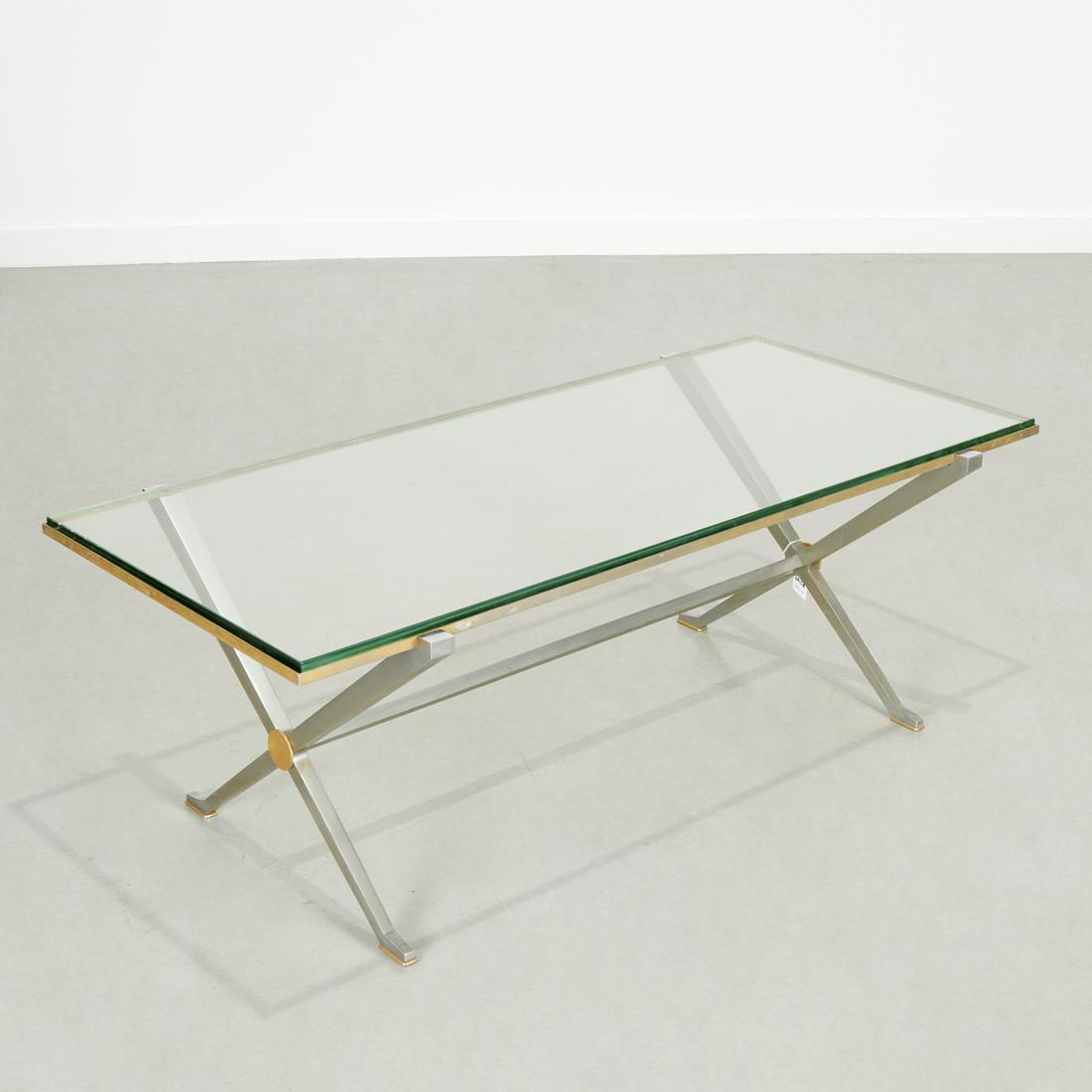 John Vesey style aluminum coffee table: John Vesey style aluminum coffee table, c 1970s, plate glass top on X-form base with stretcher, unmarked, 17"h x 48"l x 23"w