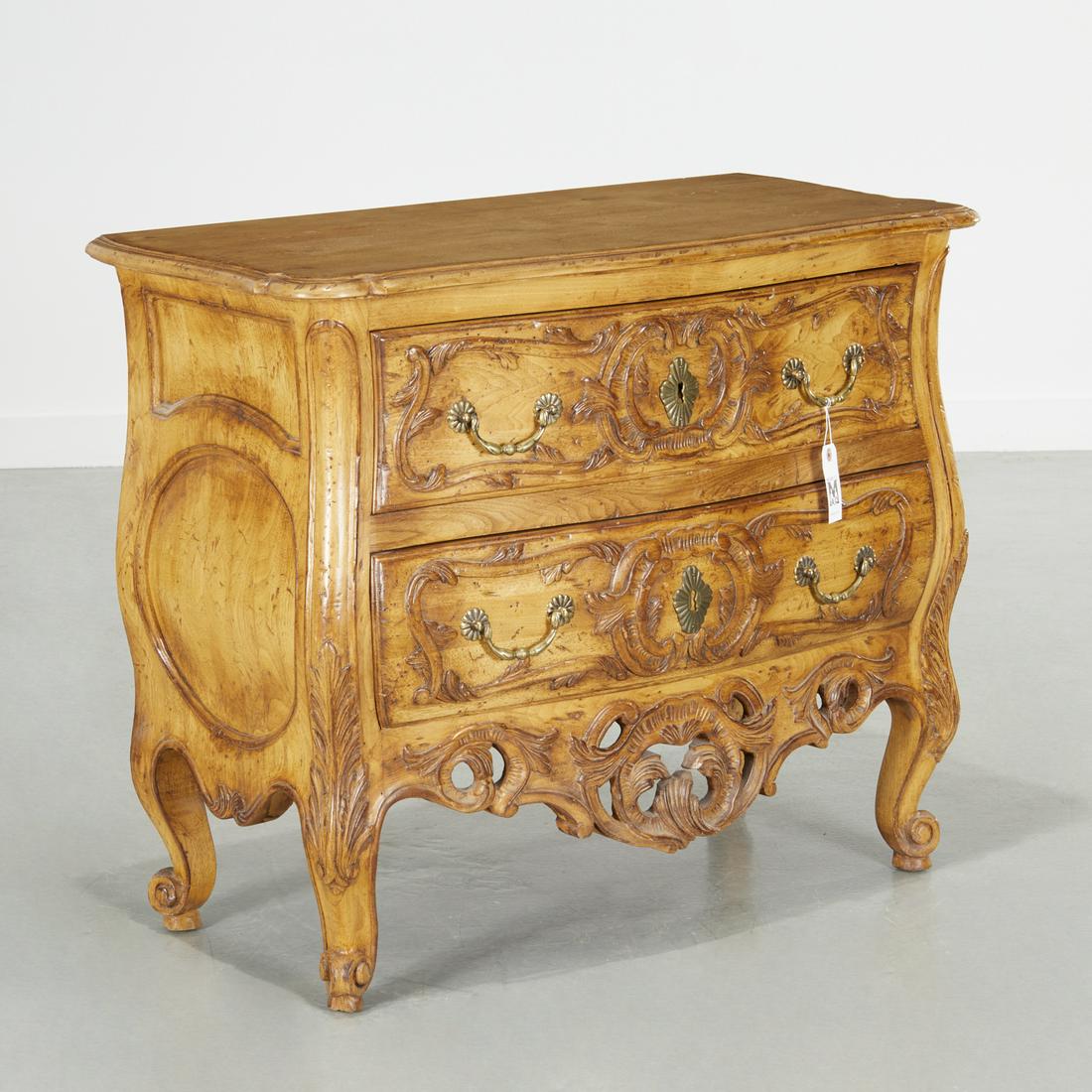 Don Rousseau (attrib), Louis XV style commode: Don Rousseau (attrib), Louis XV style commode, 20th c., with shaped top above a bombe case, with scrolled foliate decoration, brass pulls, 30"h x 35.75"w x 18.25"d Provenance: A Private Collection: 13