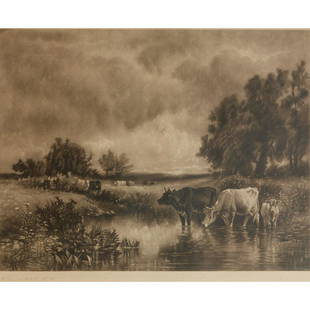 William Hart N.A., large etching: William Hart N.A., large etching, William Hart N.A. (American, 1823-1894), Etching on paper, depicting cows at pasture, illegibly signed in pencil "William Hart N.A." lower left and (?) lower right, m