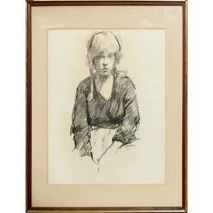 Richard Segalman, portrait drawing: Richard Segalman, portrait drawing, Richard Segalman (American, 1934-2021), "Bryn", charcoal on paper, signed lower right, matted and framed under glass, gallery label verso, 23.25"h x 17.5"w (sight),