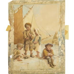 John Absolon, watercolor on paper: John Absolon, watercolor on paper, John Absolon (British, 1815-1895), Children Fishing, signed "J. Absolon" lower left, loose and unframed, 11.25"h x 8.5"w (sheet) Provenance: A Private Collection: 13