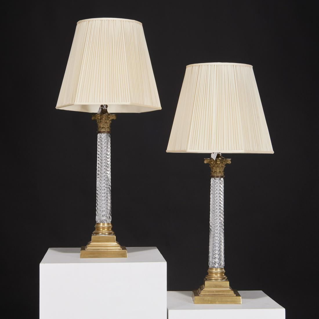 Pair Neo Classical Style Brass & Glass Table Lamps