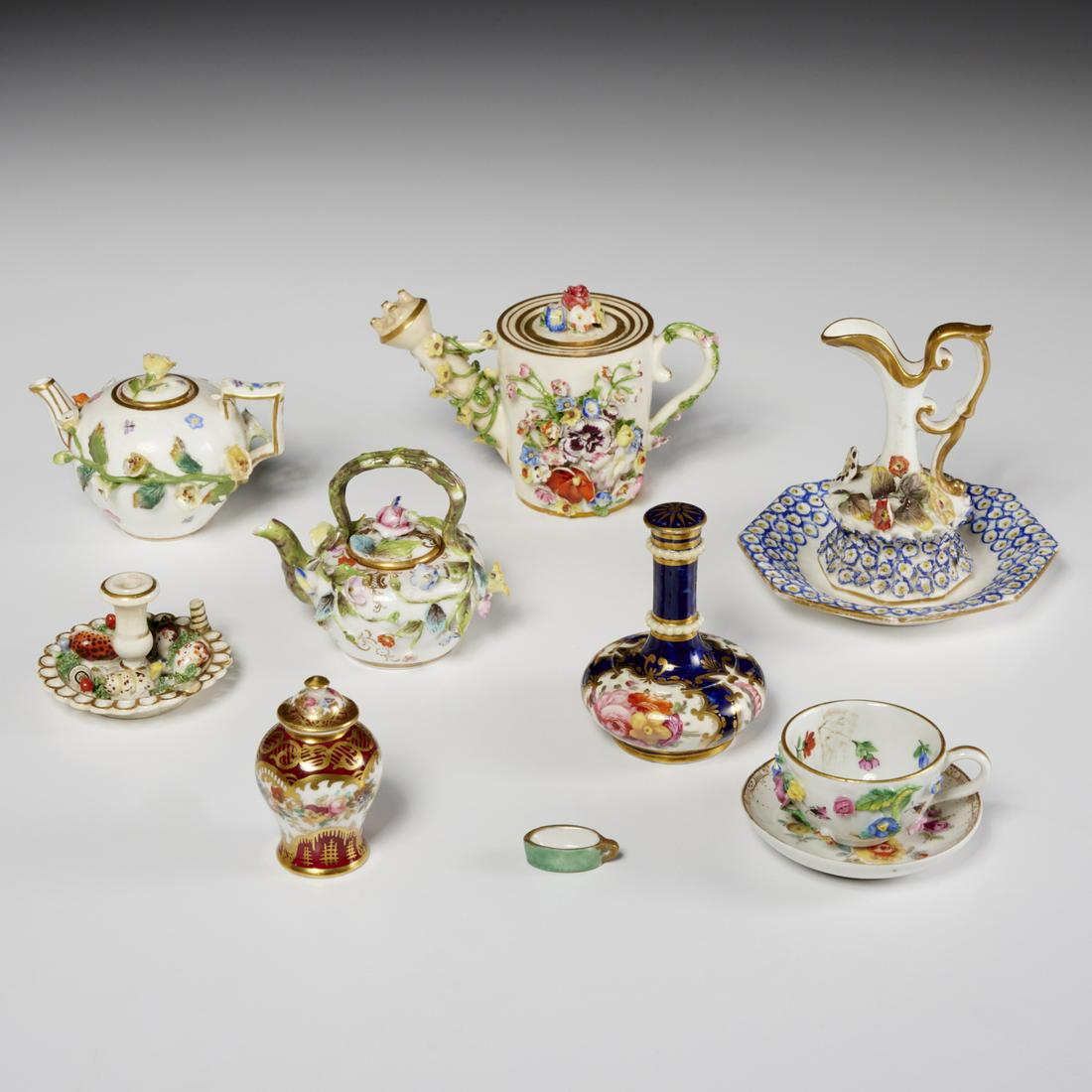 Group miniature porcelains, incl. floral encrusted (1 of 12)