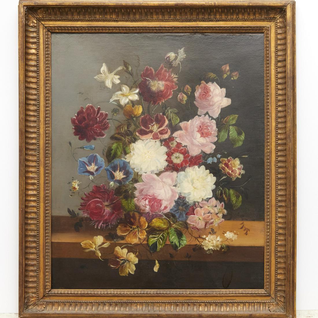 Continental School, oil on canvas, ex-Christie's: Continental School, oil on canvas, ex-Christie's, Continental School (19th c.), Still life with flowers on a ledge, auction tags verso, 26"h x 20.75"w (sight), 31"h x 27"w (frame) Provenance: Christie
