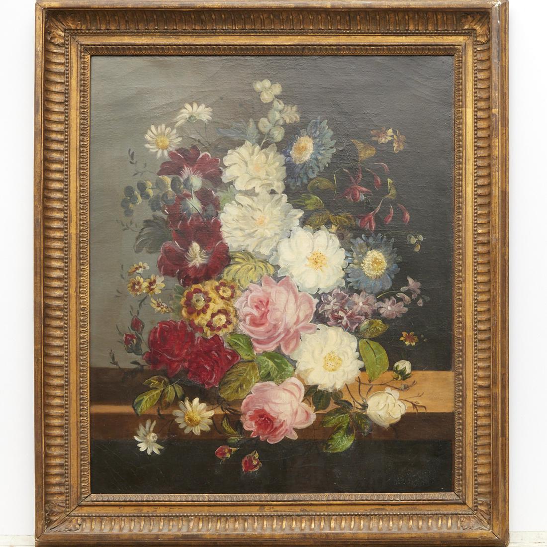 Continental School, oil on canvas, ex-Christie's: Continental School, oil on canvas, ex-Christie's, Continental School (19th c.), Still life with flowers resting on a ledge, auction tags verso, 26"h x 20.75"w (sight), 31"h x 27"w (frame) Provenance: