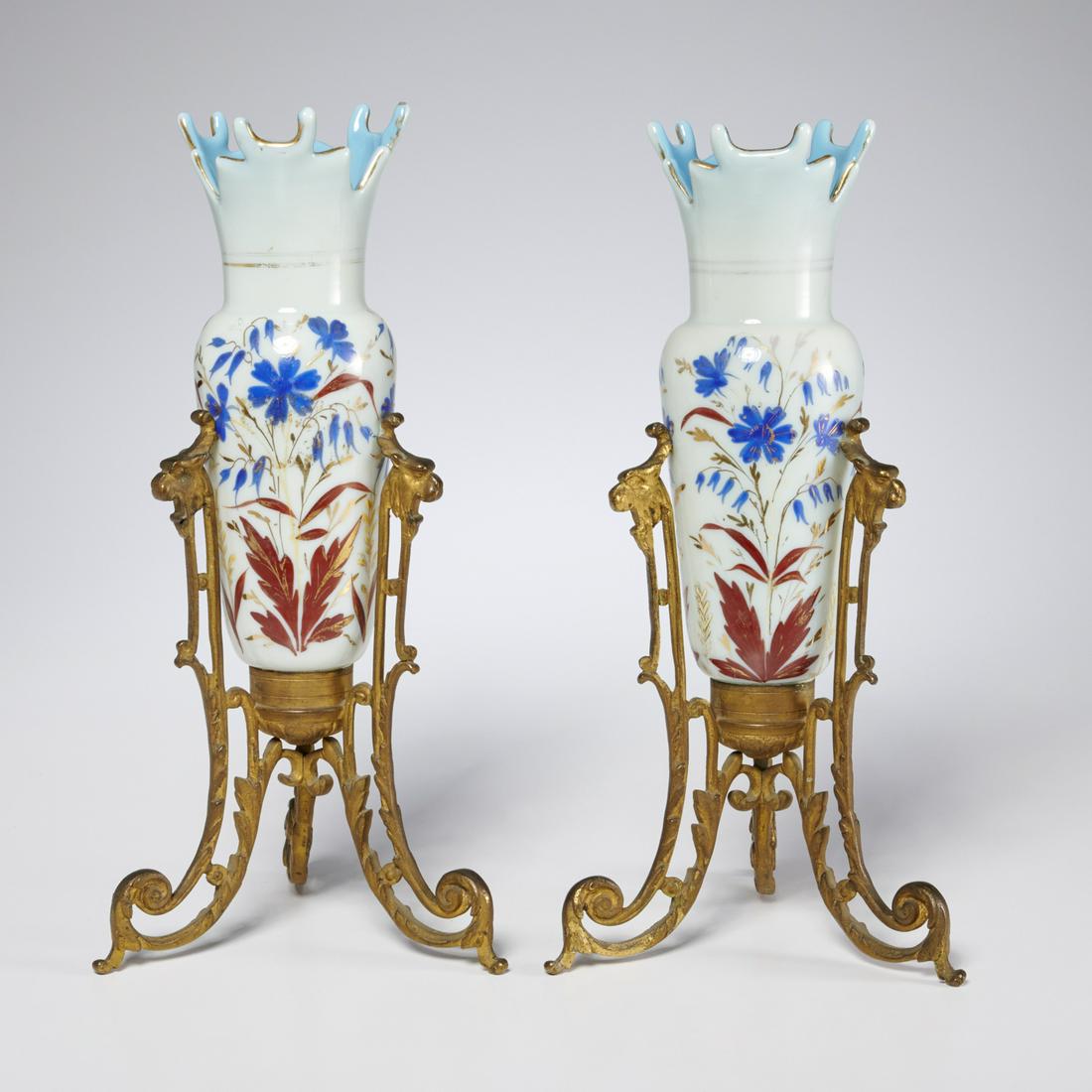 Pair Victorian bronze, enameled glass vases (1 of 6)