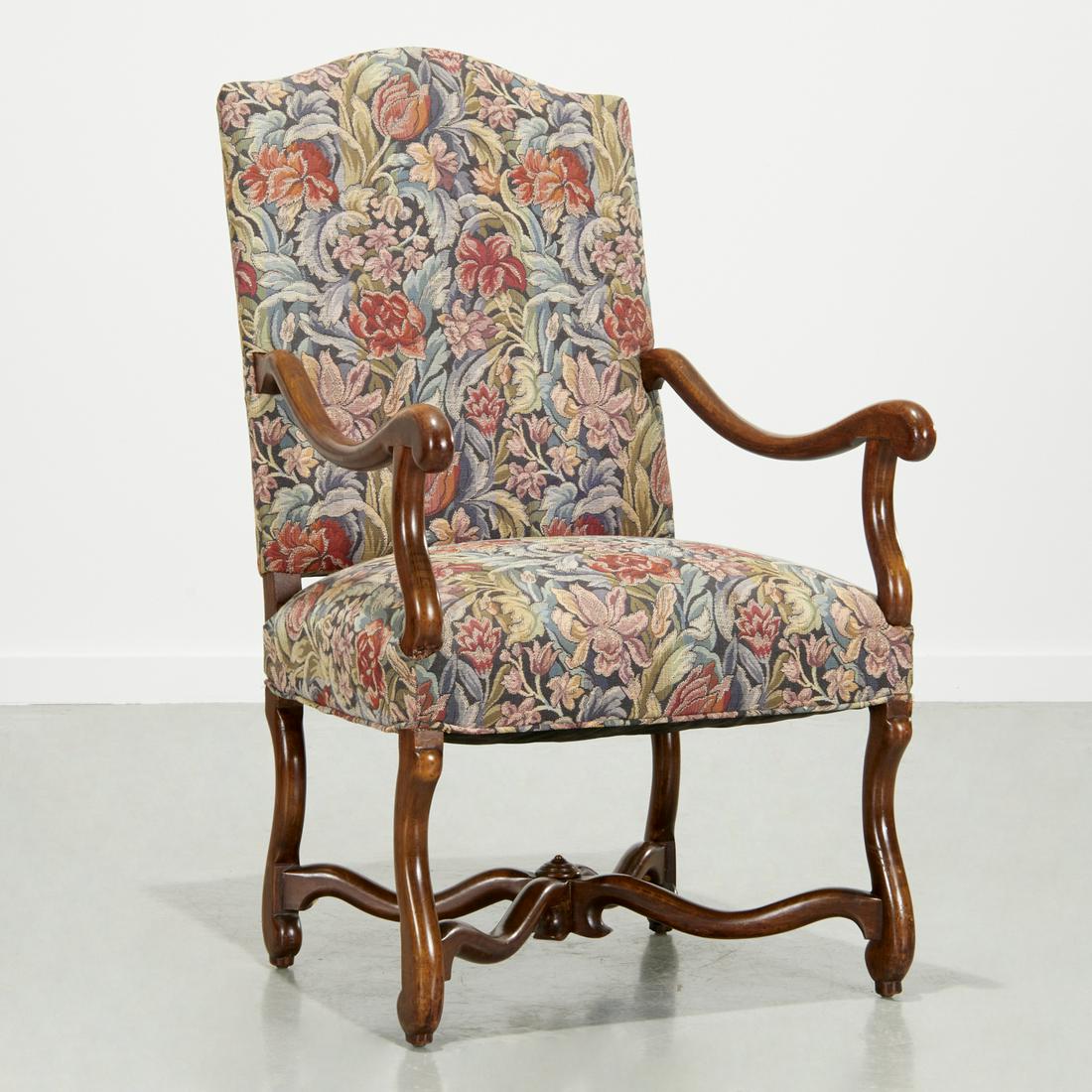 Louis XIV style tapestry fauteuil: Louis XIV style tapestry fauteuil, 20th c., loomed tapestry upholstery, 43"h x 24"w x 21"d, 18"h (to seat)