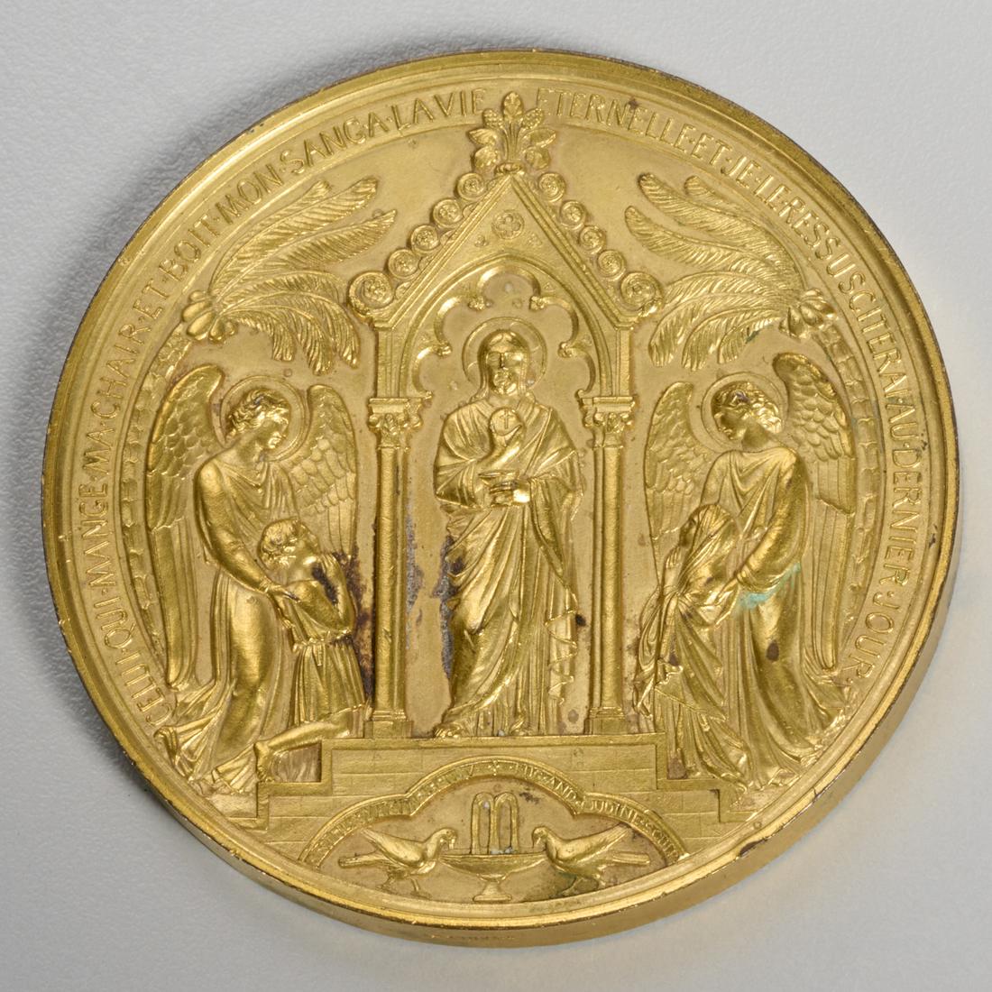 Eugene Andre Oudine, rare Catholic medal: Eugene Andre Oudine, rare Catholic medal, Eugene Andre Oudine (French, 1810-1887), brass or gilded copper, marked "cuivre" on edge, this example engraved with the 1936 dates of baptism, communion and 