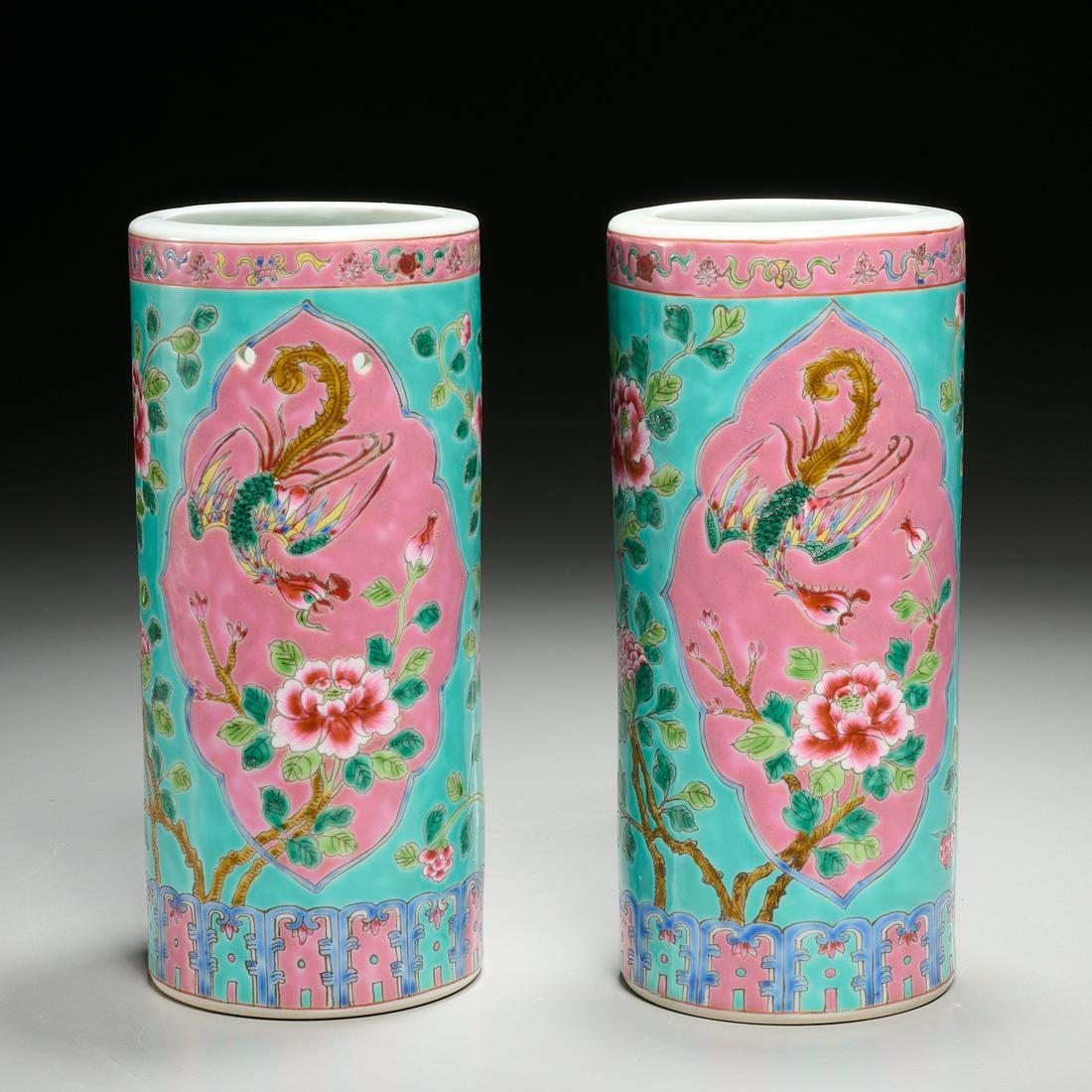 Pair Chinese famille rose joss stick holders (1 of 5)