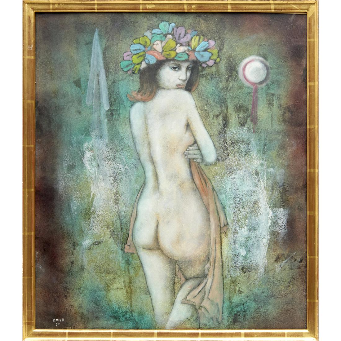 Franco Minei, tempera painting, 1969: Franco Minei, tempera painting, 1969, Franco Minei (Italian, b. 1922), Female Nude, tempera on paper, signed "F. Minei, '69" at lower left, 23'h x 19.75"w (sight), 24.5"h x 21.25"w (frame) Provenance: