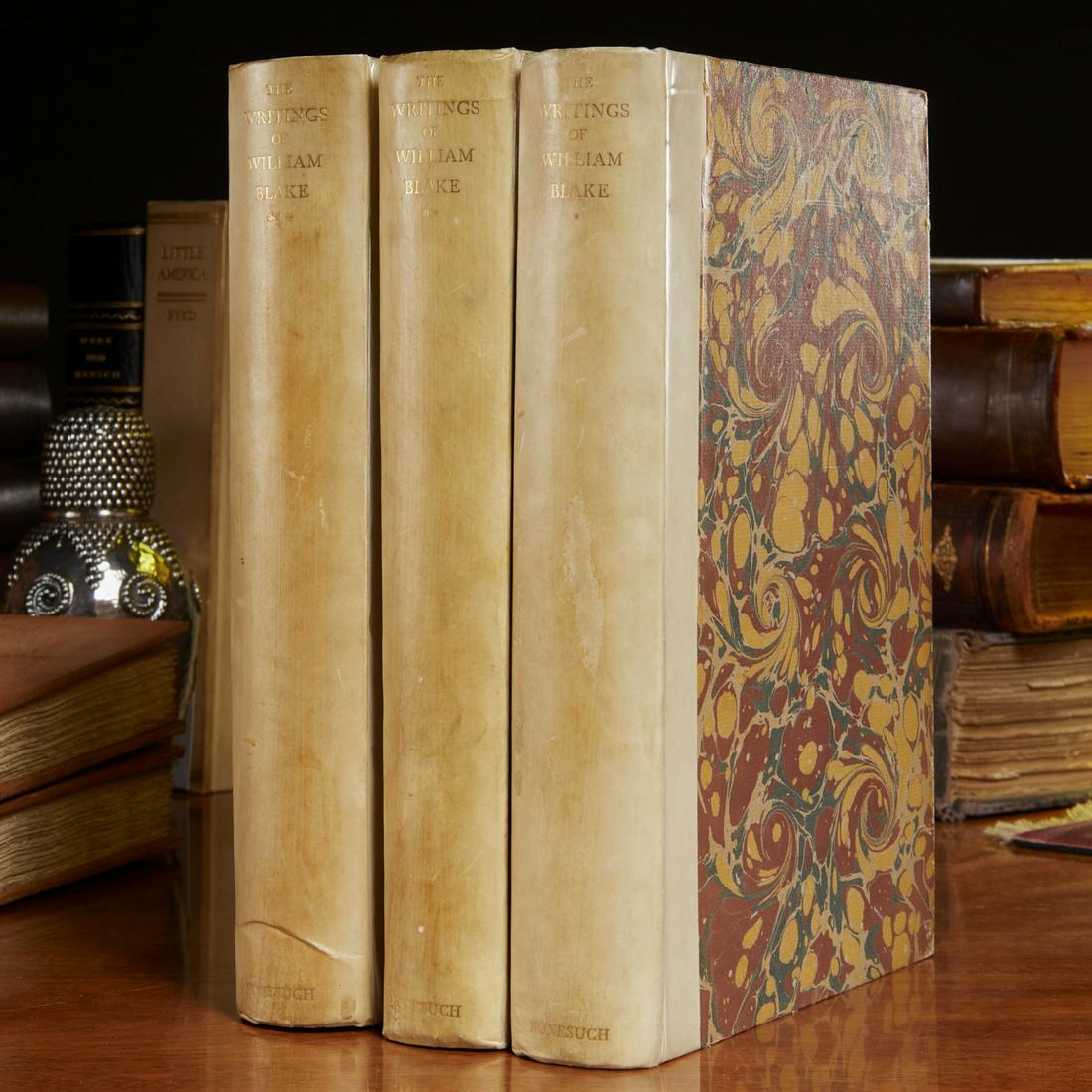 Nonesuch Press, The Writings of William Blake: Nonesuch Press, The Writings of William Blake, (3) volumes, edited by Geoffrey Keynes, 1925, London, gilt-stamped vellum spines, marbled sides, black and white plates throughout, frontispiece, 11"h x