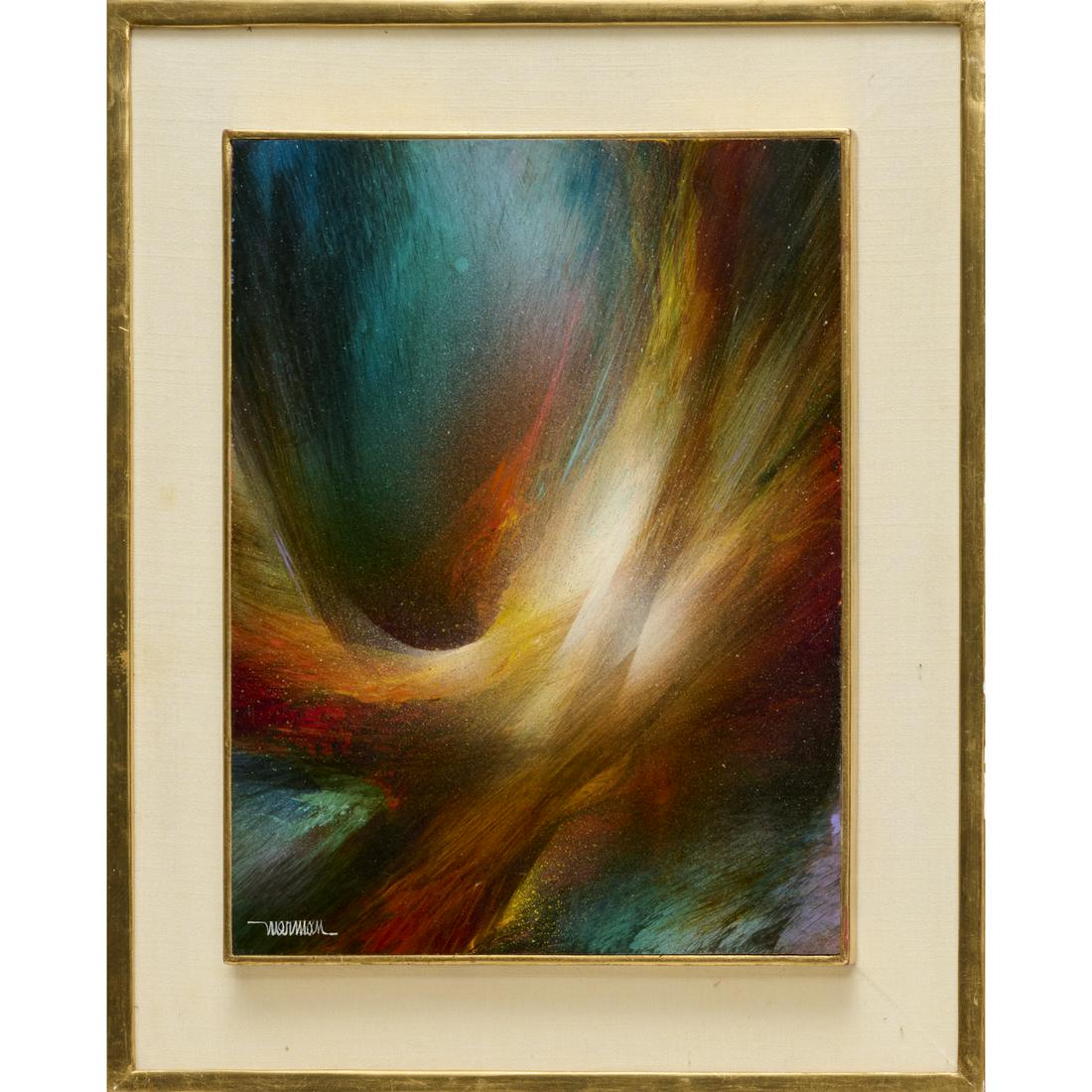 Leonardo Nierman, oil on Masonite: Leonardo Nierman, oil on Masonite, Leonardo Nierman (Mexican, b. 1932), "Viento Cosmico" (Cosmic Wind), signed "Nierman" at lower left, exhibition label verso, 15.75"h x 11.75"w (Masonite), 21.5"h x 1