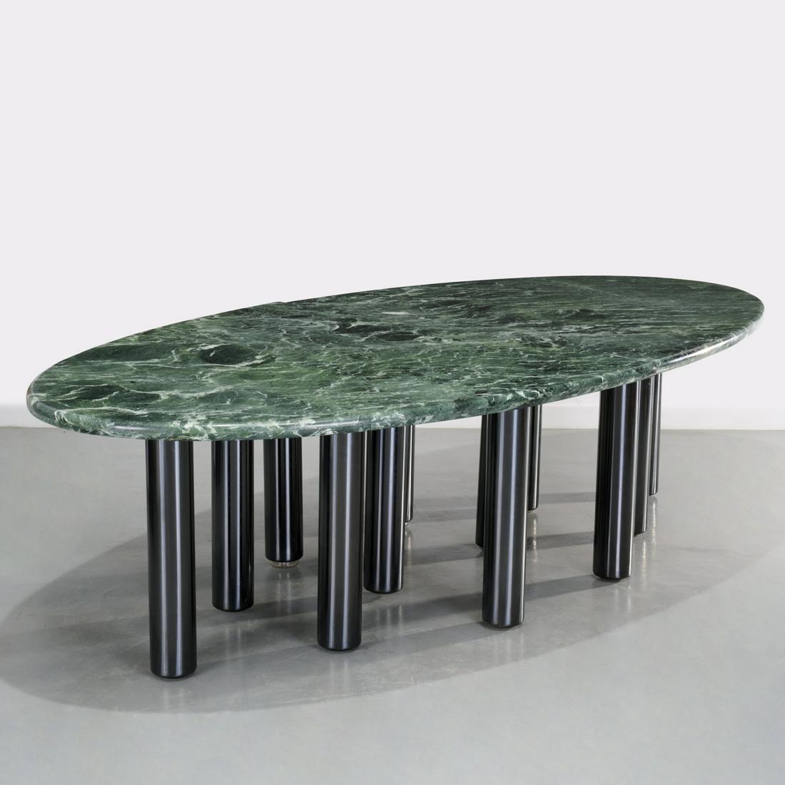 Marco Zanuso, large custom dining table: Marco Zanuso, large custom dining table, c. 1970s, for Zanotta, Italy, in two parts, large green marble top, raised on gun metal tubular legs, legs stamped "Zanotta ITALY", 28"h x 109"l x 54"w Provena